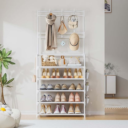OYREL Shoe Rack 5 Tier Shoe Organizer Storage 15-20 Pairs Shoes Rack for Closet Entrance Shoe Rack Organizer with Hooks and Side Pocket Entryway Shoe Holder Space Saving Free Standing Shoe Racks