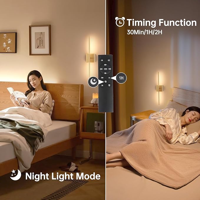 Battery Operated Wall Sconce Set of 2, 8000mAh Wireless Wall Sconces, 3000K-6000K Dimmable, 350°Rotate, Indoor Wall Lights for Bedroom Living Room Bathroom, Gold, 23.6 Inch