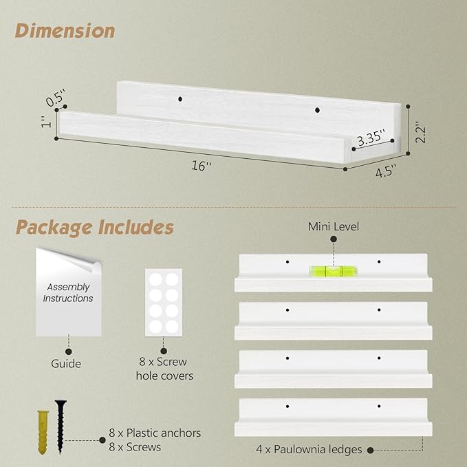 Forbena White Picture Ledge Shelf, Floating Shelves with Lip for Bedroom Books, Corner Nursery Book Shelves Wall Mounted for Small Spaces Office Baby Child Kids Room Art Decor (4-Pack, Real Wood)
