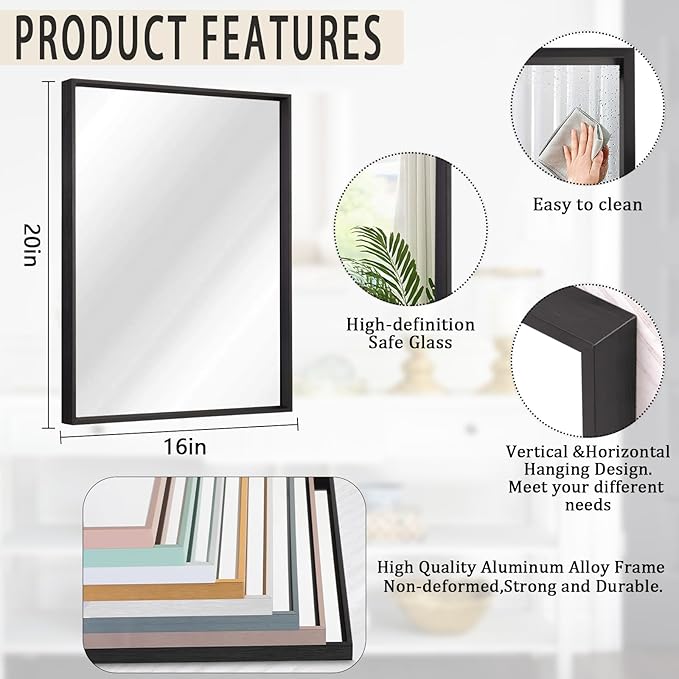 AAZZKANG Black Mirrors for Wall Rectangle Metal Framed Mirror Large 20