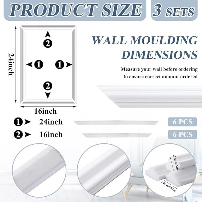 3 Set Accent Wall Molding Kit Premade Wainscoting Panels Wall Molding Peel and Stick Panel White Pre Cut Trim for Walls Picture Frame Molding for Home Decoration(16 x 24 Inch)