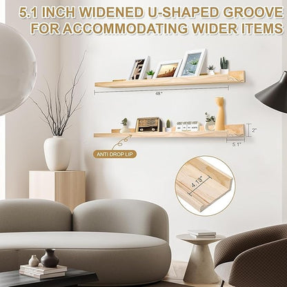 48 Inch Natural Pine Wood Floating Shelves for Bedroom, Wide Picture Ledge Set of 2, Wall Mount Unfinished Shelf Can be Stained Nursery Book Shelves for Kids Bedroom Living Room Bathroom Kitchen