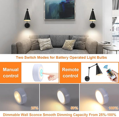 MWZ Black Swing Arm Wireless Rechargeable Sconces Set of 2,Battery Operated Dimmable 3 Color Cordless Wall Lamp with Remote,Indoor Wall Mounted Light Fixture with Cone Metal Shade for Bedside