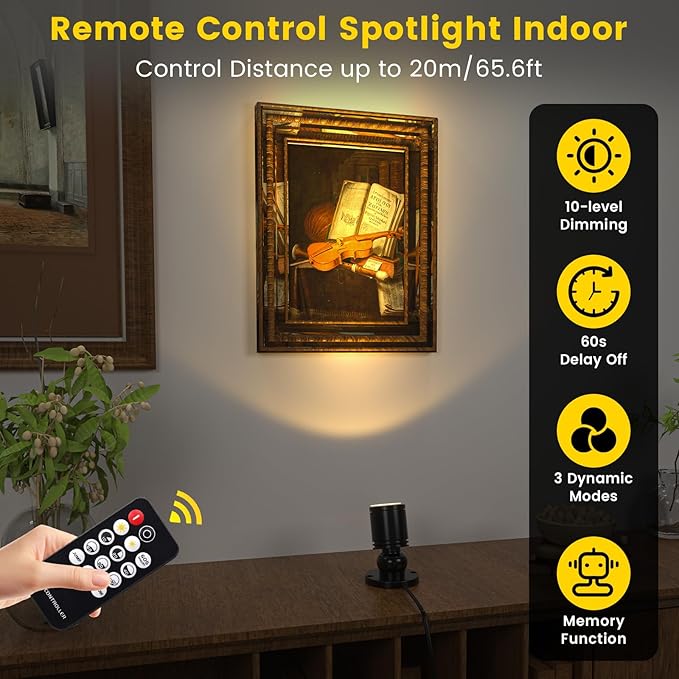 Mini LED Spotlight with Remote Control, Dimmable Small Spot Lights Indoor Plug in, Wired Spotlights for Displays Art Model Plant Picture (Warm White-2 Lights in 1 Plug)