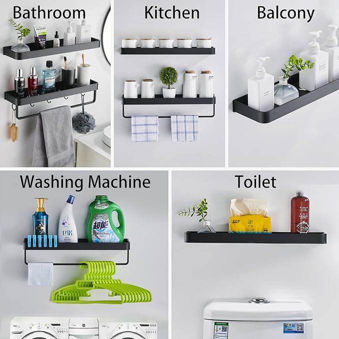 15.7in Bathroom Wall Shelf (2 Tier), Glass Shelf for Wall Mounted, Black Shower Caddy Shelves, Bathroom Shelves with Towel Holder for Shower Organization and Storage