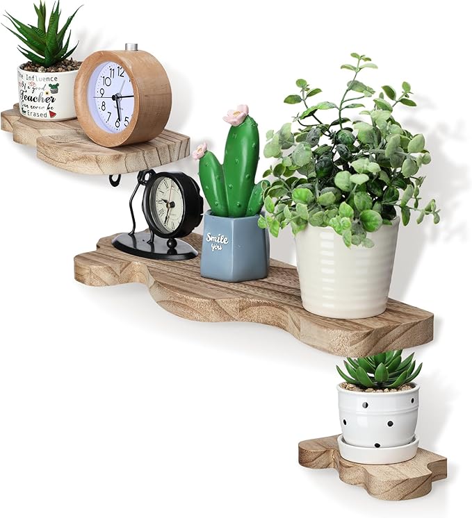 Suzile Set of 3 Small Rustic Wave Edge Floating Shelf 3 Size Live Edge Wooden Shelf with Metal Bracket Wall Mounted Display Ledge Shelves Farmhouse Vintage Wall Decor for Living Room Bedroom (Walnut)