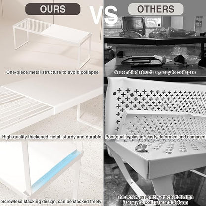 Expandable Cabinet Shelf Organizer, 1 Pack Stackable Kitchen Counter Shelf Riser, Metal Spice Rack Adjustable Heavy Duty Countertop Organizer Storage for Kitchen, Pantry, Cupboard, Rv (White)
