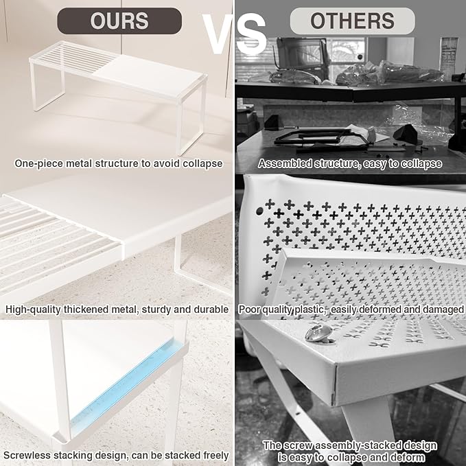 Expandable Cabinet Shelf Organizer, 1 Pack Stackable Kitchen Counter Shelf Riser, Metal Spice Rack Adjustable Heavy Duty Countertop Organizer Storage for Kitchen, Pantry, Cupboard, Rv (White)
