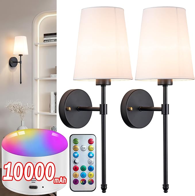 Battery Operated Wall Sconce Light with Remote Control, Dimmable Wall Sconce Set of 2 with White Fabric Shade, Wireless Battery Operated Wall Lamp for Bedroom Living Room, Bulb Included