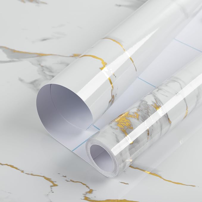 practicalWs Glossy Marble Wallpaper Peel and Stick White/Gold Granite Contact Paper Removable Wall Paper for Kitchen Countertop Cabinet Furniture 11.8" x 78.7"