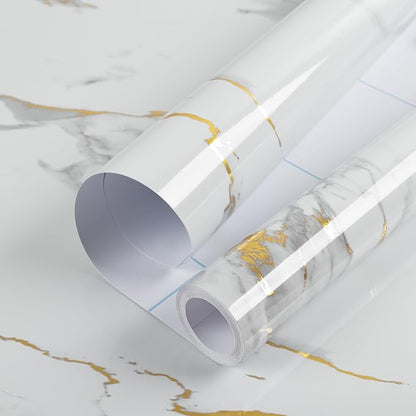practicalWs Glossy Marble Wallpaper Peel and Stick White/Gold Granite Contact Paper Removable Wall Paper for Kitchen Countertop Cabinet Furniture 17.7" x 196.8"