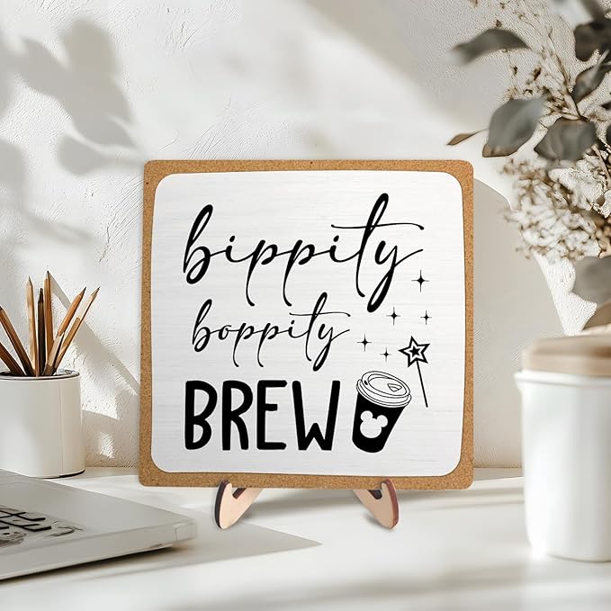 Coffee Bar Sign Plaque Decor,Bippity Boppity Brew Desk Decor for Kitchen,Coffee Bar Accessorie,Cute Wooden Tabletop Plaque, Rustic Farmhouse Shelf Sign for Home or Office Decoration 5.9x5.9Inch(White)