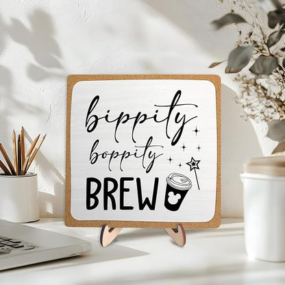 Coffee Bar Sign Plaque Decor,Bippity Boppity Brew Desk Decor for Kitchen,Coffee Bar Accessorie,Cute Wooden Tabletop Plaque, Rustic Farmhouse Shelf Sign for Home or Office Decoration 5.9x5.9Inch(White)
