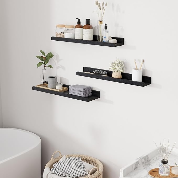 RICHFOCUS Floating Shelves for Wall, 24 inch Solid Wood Picture Ledge Shelf for Wall Storage, Nursery Book Shelves with Lip for Living Room Bathroom Bedroom Kitchen, Set of 3, Distressed Black