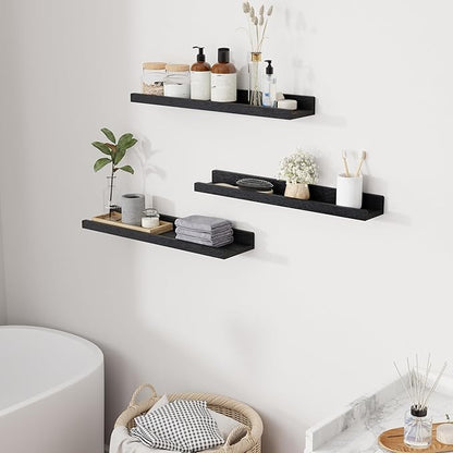 RICHFOCUS Floating Shelves for Wall, 24 inch Solid Wood Picture Ledge Shelf for Wall Storage, Nursery Book Shelves with Lip for Living Room Bathroom Bedroom Kitchen, Set of 3, Distressed Black