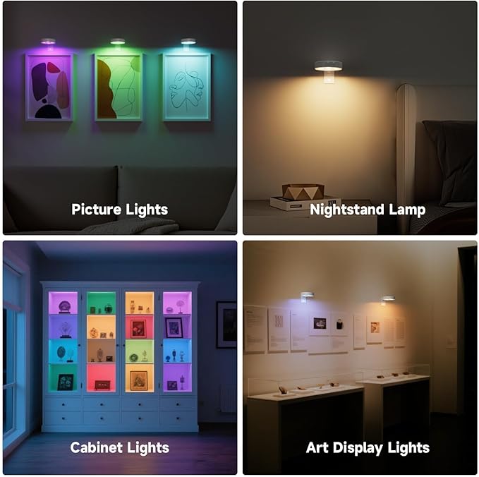 3 Pack Picture Lights for Wall Battery Operated, Motion Sensor Picture Light with Charging Base, Poster Lights with Remote Dimmable and Timer, Wall Lamps with 13 RGB for Art Display(White)