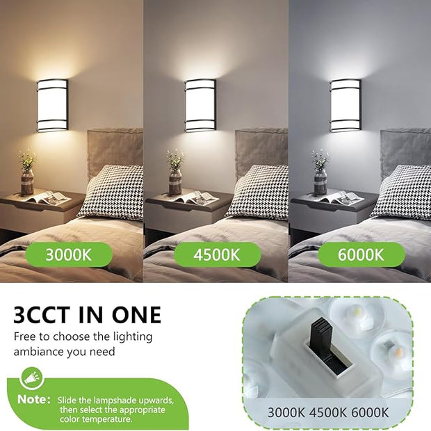 Indoor Wall Mount Light - 2 Pack 3000K/4500K/6000K Adjustable Black Modern Wall Sconce Lighting for Hallway Staircase, Corridor, Bedroom, Living Room, Kitchen(Black, 2 Pack)