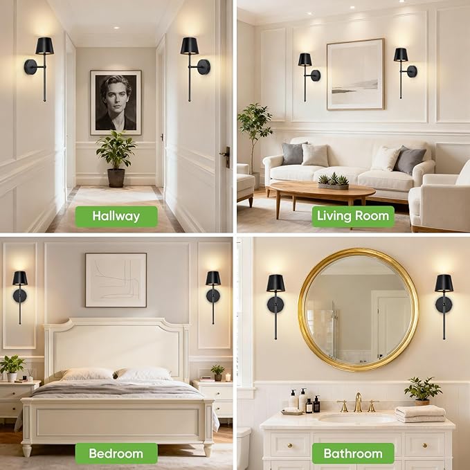 Kimjo Battery Operated Wall Sconce Set of 2, Rechargeable Wireless Wall Sconces Light with Dimmable Timer Remote, 5200mAh Black Cordless Wall Light for Bedroom Living Room Hallway Decor