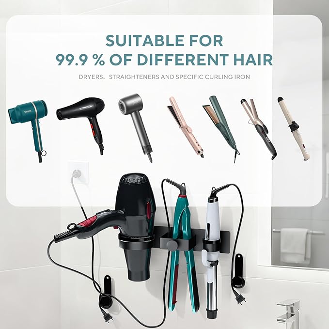 Hair Straightener Holder Wall Mounted, Hair Dryer Holder with Plug&Cord Organizer, Metal Hair Tools Organizer & Storage Curling Iron Holder for Bathroom, Salon Hair Dryer Holder
