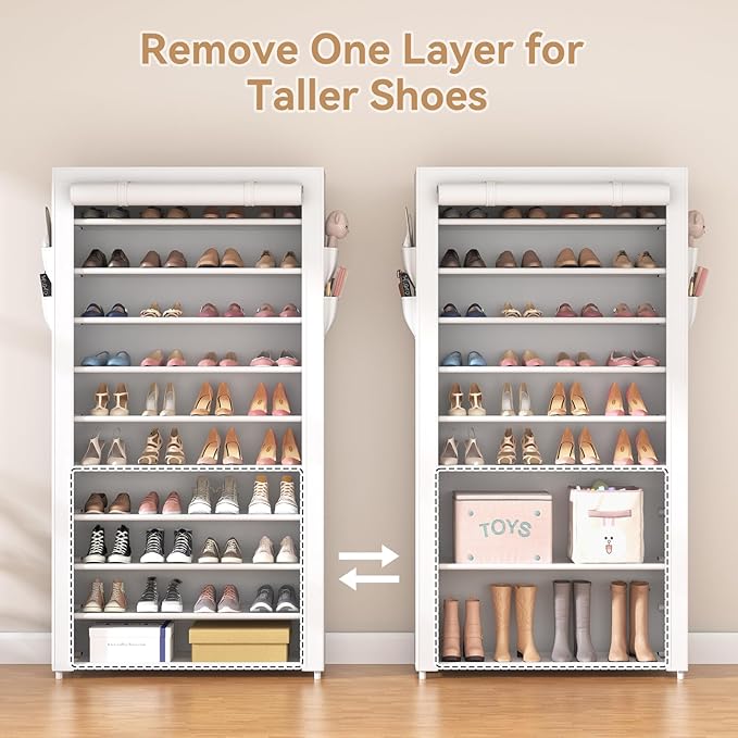 ROJASOP Shoe Rack with Covers 10 Tier Large Shoe Organizer Tall Shoe Closet Storage for 50-55 Pairs Shoe and Boot, Free Standing Shoe Rack Organizer for Closet, Entryway, Bedroom, White