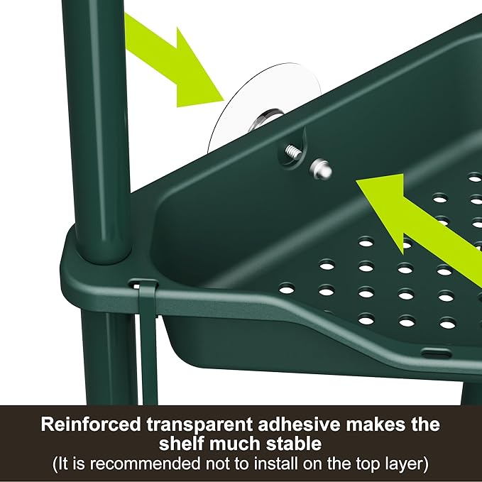 Orimade Rustproof 3 Tier Floor Standing Corner Shower Caddy Organizer, Plastic Metal Splicing Floor Corner Shelf Rack Stands for Bathroom, Dark Green