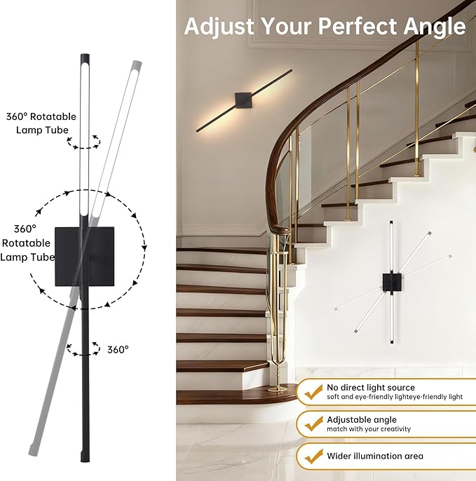 Battery Operated Wall Sconce Set of 2, 10400mAh Rechargeable Wall Lights, 3000K-6000K Dimmable, 350°Rotate, Indoor Wall Sconces with Remote for Bedroom Living Room Bathroom, Black, 31.5 Inch