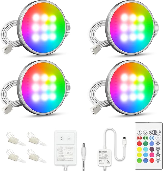 MYPLUS Under Cabinet Lighting Kit, RGB Puck Lights with Remote Control Color Changing and Bright LEDs,12V, 7.5W Plug-in Wired led Lighting kit for Cabinet, Counter, Closet, Shelf, Display Case