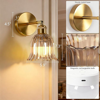 Vintage Battery Operated Wall Sconce with Amber Stripe Glass Lampshade Rechargeable Battery Powered Wall Light with Remote Control for Bedside Bedroom Bathroom, Set of 2