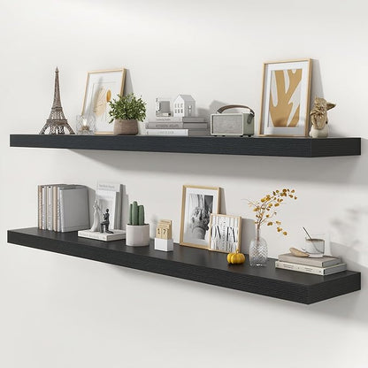72 Inch Floating Shelves | 12 Inch Deep Black Floating Shelves Set of 2 | 72" W x 12" D Rustic Black Wood Wall Shelves for Bathroom Living Room Kitchen Laundry Room