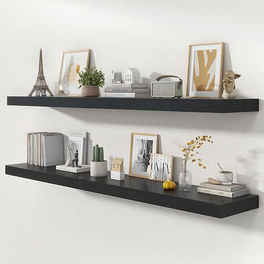 72 Inch Floating Shelves | 12 Inch Deep Black Floating Shelves Set of 2 | 72" W x 12" D Rustic Black Wood Wall Shelves for Bathroom Living Room Kitchen Laundry Room
