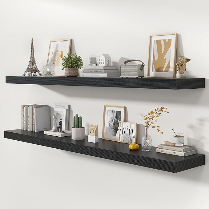 72 Inch Floating Shelves | 12 Inch Deep Black Floating Shelves Set of 2 | 72" W x 12" D Rustic Black Wood Wall Shelves for Bathroom Living Room Kitchen Laundry Room