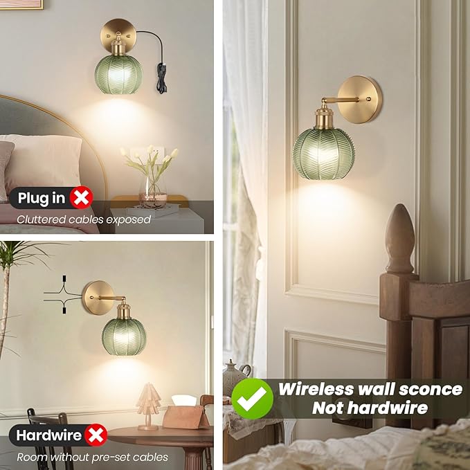 Vintage Wall Sconce Set of Two, Battery Operated Wall Sconce with Deep Green Tulip Glass Lampshade Rechargeable Wall Light with Remote Control for Bedroom,Living Room