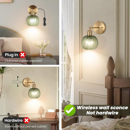 Vintage Wall Sconce Set of Two, Battery Operated Wall Sconce with Deep Green Tulip Glass Lampshade Rechargeable Wall Light with Remote Control for Bedroom,Living Room