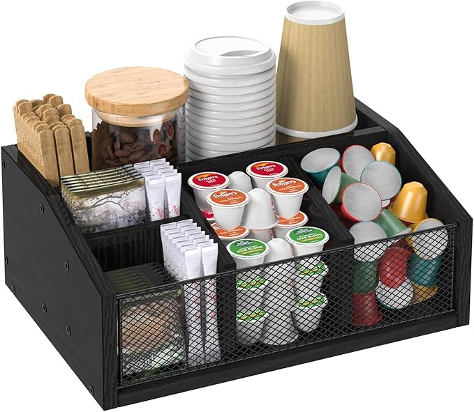 Coffee Station Organizer, Coffee Bar Organizer for Countertop, Coffee and Tea Condiment Storage Organizer, 5 Compartments Coffee Bar Accessories and Organizer, Black, Wooden (Black)