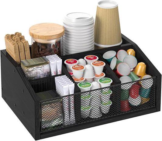 Coffee Station Organizer, Coffee Bar Organizer for Countertop, Coffee and Tea Condiment Storage Organizer, 5 Compartments Coffee Bar Accessories and Organizer, Black, Wooden (Black)