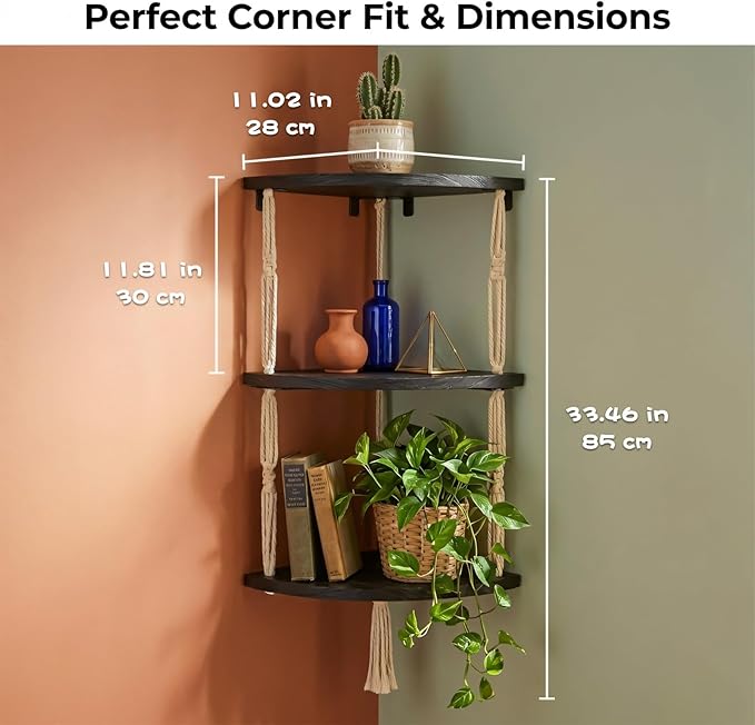 3-Tier Corner Floating Shelves with Aesthetic Greenery & Fairy Lights - Premium Wood-Textured Boho Wall Hanging Shelf - Stable L-Bracket Support for Home Decor, Office & Small Spaces