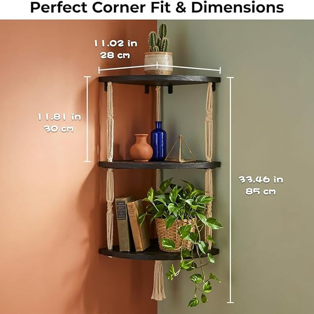 3-Tier Corner Floating Shelves with Aesthetic Greenery & Fairy Lights - Premium Wood-Textured Boho Wall Hanging Shelf - Stable L-Bracket Support for Home Decor, Office & Small Spaces