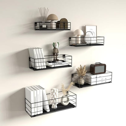 CRUGLA Floating Shelves Wall Mounted Set of 5, Black Hanging Storage Wall Shelf for Bathroom, Kitchen, Bedroom, Living Room Home Decor