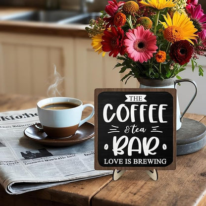 Coffee Bar Decor Sign, Rustic Wooden Plaque for Coffee Lovers, Farmhouse Shelf Accent, Gift for Espresso Fans, Kitchen or Café Desk Display, 5.9 x 5.9Inch(Black+Brown)