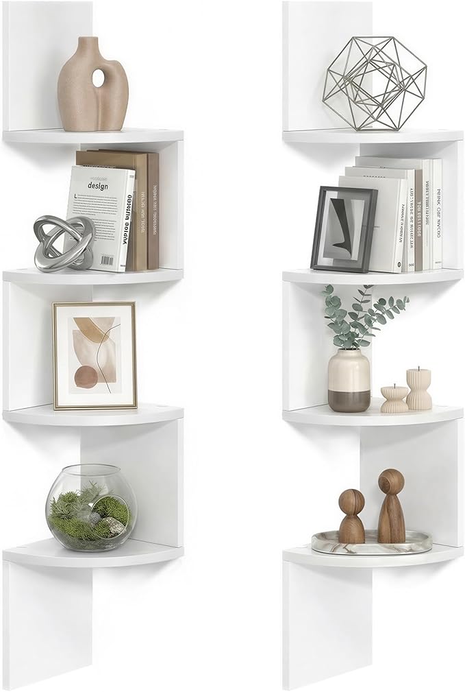 VASAGLE Set of 2, Corner Shelves Wall Mount, 4-Tier Floating Corner Bookshelves, Plant Shelves for Bedroom, Living Room, Bathroom, Home Office, Cloud White