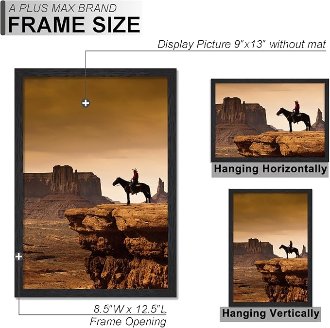 A PLUS MAX 9x13 Picture Frame Set of 6, Black Engineered Wood Frame for 9 x 13 Inch Picture Poster Photo, Light Weight 9 by 13 Frame with Wood-grain for Wall - 6 Pack/Black/9"x13"