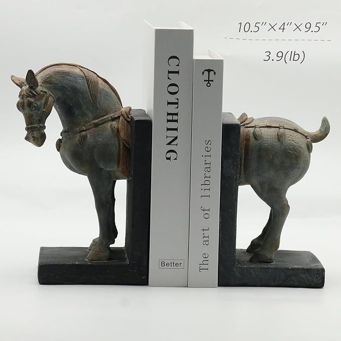 Lukitas Tang Horse Decorative Bookends, Heavy Duty Non-Slip Book Holders, Vintage Artistic Ornaments for Office Home Bookshelf Decor, Resin