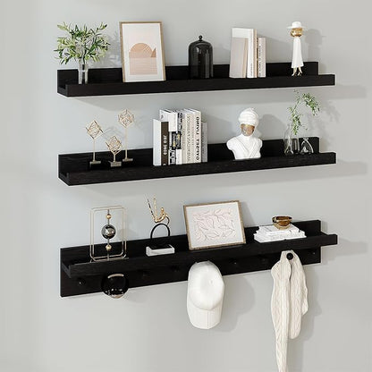 MBYD Floating Wooden Wall Shelves Black, Nursery Floating Bookshelf for Kids Room, Wall Mount Book Shelves with Hooks for Living Room Bedroom Bathroom, 36 Inch Picture Ledge Shelf Set of 3