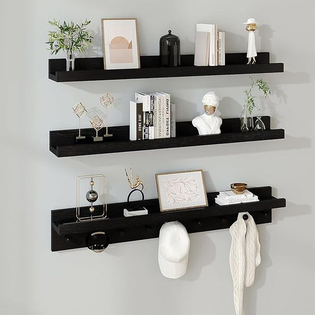 MBYD Floating Wooden Wall Shelves Black, Nursery Floating Bookshelf for Kids Room, Wall Mount Book Shelves with Hooks for Living Room Bedroom Bathroom, 36 Inch Picture Ledge Shelf Set of 3