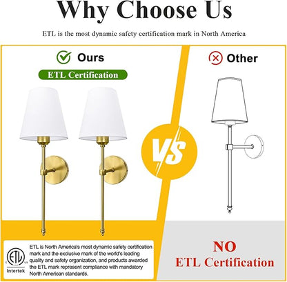 Bsmathom Wall Sconces Sets of 2, Hardwired Classic Brushed Brass Sconces Wall Lighting, Bathroom Vanity Light Fixture with Fabric Shade for Bedroom Living Room Hallway Kitchen, Bright Gold