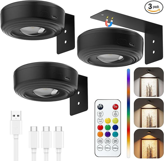 Picture Lights for Wall, 2000mAh Rechargeable Magnetic Poster Lights with Remote, 3 Color Temps & RGB Dimmable Timer, Wall Decor Light for Art Display, Frame (3 Pack)