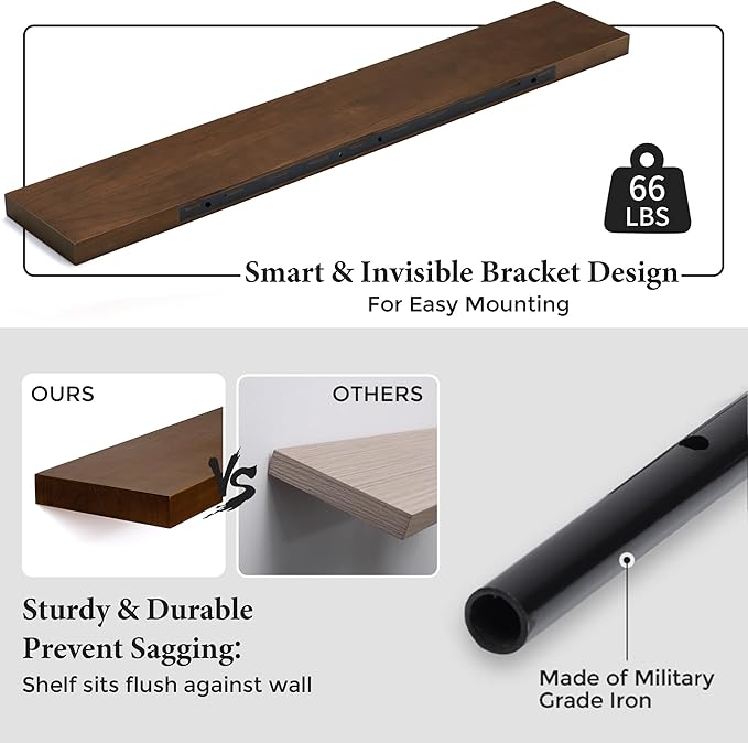 Axeman Floating Shelves, 8 Inch Deep Modern Solid Wood Wall Shelves for Storage, Wall Mounted Display Shelving with Invisible Heavy-Duty Metal Bracket, 48