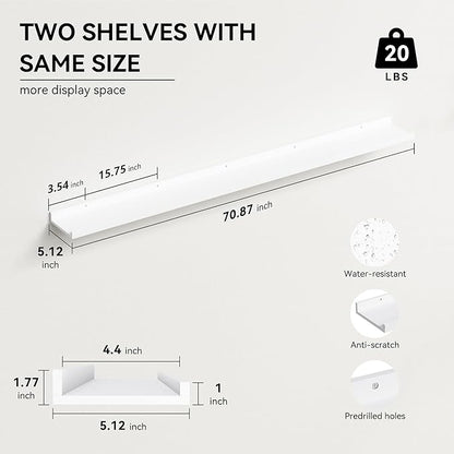 70.9 Inches Long Floating Shelves, 2 Set White Wall Shelf for Bedroom, Nursery Book Shelf with Lip, Picture Ledge Shelf for Wall Decor Living Room Bathroom Kitchen