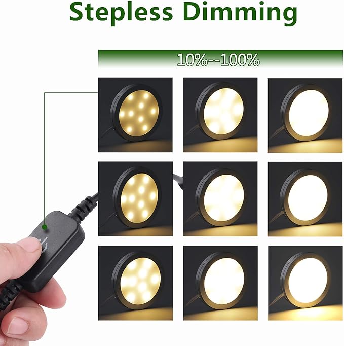 AIBOO Under Cabinet LED Black Cover Puck Lighting Kit with Touch Dimmer Switch for Kitchen Cupboard Closet Lighting (6 Lights,Warm White)