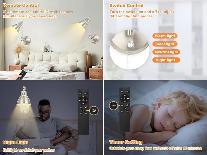 1 Pack Plug in Wall Sconce with Remote Control, Dimming, Adjustable Colors 2700K-6500K, Plug in Wall Light, Swing Arm Wall Lamp with Night Light & Timer, LED Bulb Included, Brushed Nickel